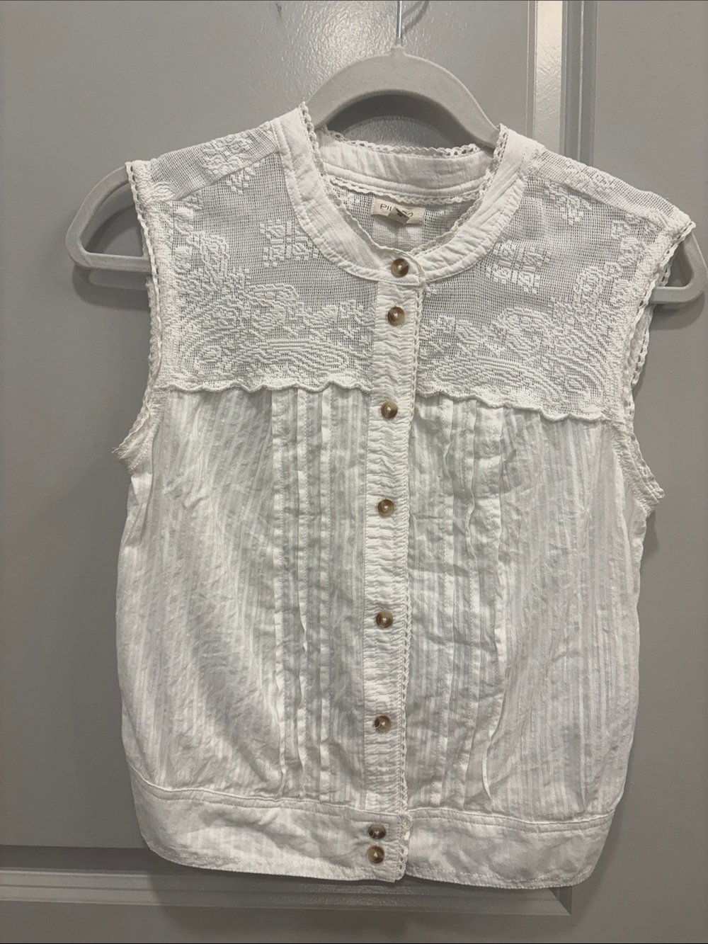 Anthropologie White Sleeveless Lace Yoke Button-Front Blouse
